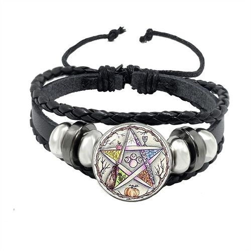 Bracelet Pentagramme Esotérique En Cuir Noir, Vintage, Étoile Wicca, Arbre De Vie, Verre De Cristal, À Pression, Cadeau