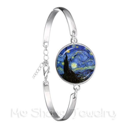 Bracelet Nuit Étoilée Van Gogh Art Picture Pour Femme, Cabochon En Verre, Plaqué Argent, Bracelet Jonc, Bijoux De Mode, Cadeau, 18mm