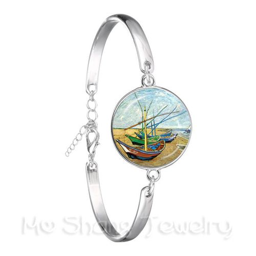 Bracelet Nuit Étoilée Van Gogh Art Picture Pour Femme, Cabochon En Verre, Plaqué Argent, Bracelet Jonc, Bijoux De Mode, Cadeau, 18mm