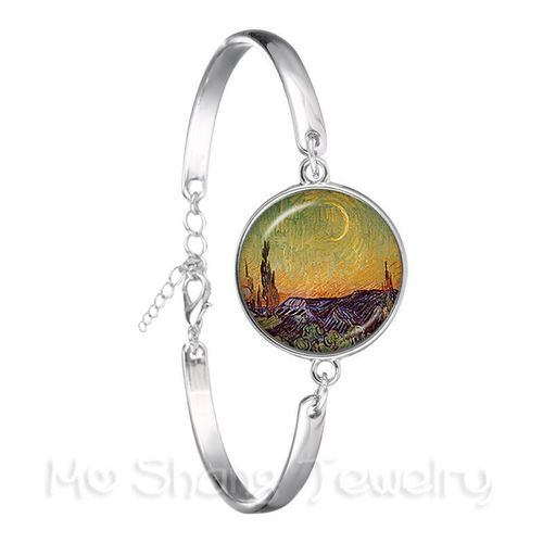 Bracelet Nuit Étoilée Van Gogh Art Picture Pour Femme, Cabochon En Verre, Plaqué Argent, Bracelet Jonc, Bijoux De Mode, Cadeau, 18mm