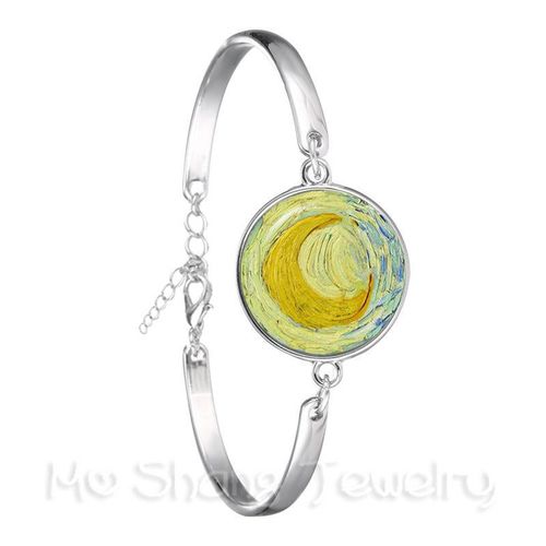 Bracelet Nuit Étoilée Van Gogh Art Picture Pour Femme, Cabochon En Verre, Plaqué Argent, Bracelet Jonc, Bijoux De Mode, Cadeau, 18mm