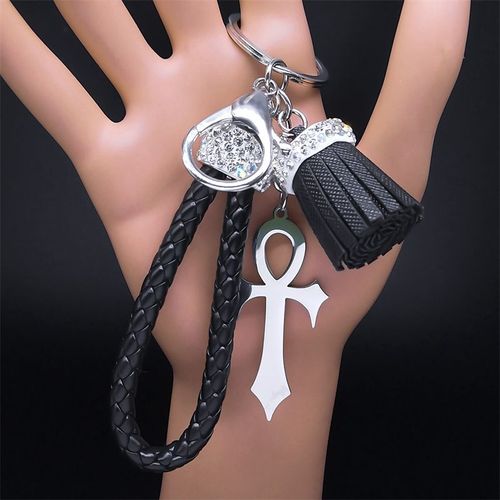 Ankh Égyptien-Porte-Clés Pendentif En Acier Inoxydable Pour Hommes Et Femmes, Porte-Clés En Argent, Porte-Clés En Cuir Pu, Bijoux De Sac De Voiture, Croix De La Vie