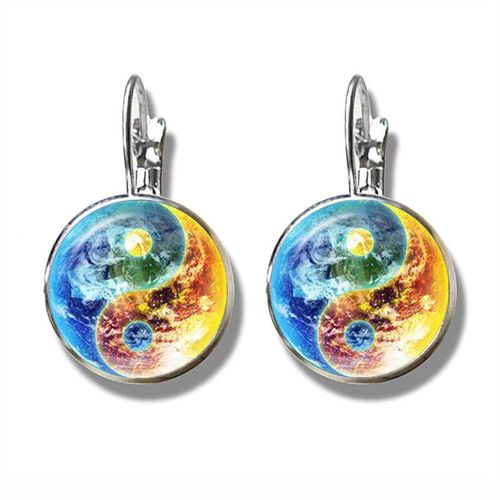 Boucles D'oreilles Avec Cabochon En Verre, Boucles D'oreilles Avec Dragon Bleu, Yin Et Chapelle Du Compositeur Tai, Cadeau
