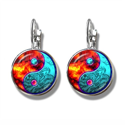 Boucles D'oreilles Avec Cabochon En Verre, Boucles D'oreilles Avec Dragon Bleu, Yin Et Chapelle Du Compositeur Tai, Cadeau