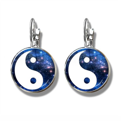 Boucles D'oreilles Avec Cabochon En Verre, Boucles D'oreilles Avec Dragon Bleu, Yin Et Chapelle Du Compositeur Tai, Cadeau