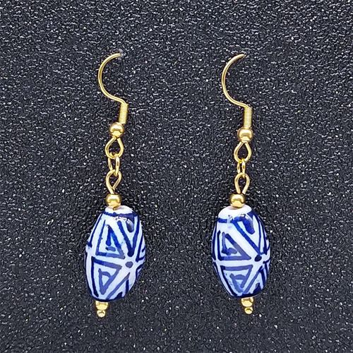 Boucles D'oreilles Pendantes En Porcelaine Bleue Et Blanche, Faites À La Main, Vintage, Céramique, Acier Inoxydable, Pour Femme Ls16s02