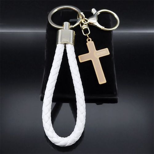 Porte-Clés Pendentif Croix De Jésus En Acier Inoxydable Pour Femmes Et Hommes, Porte-Clés Chrétien En Cuir Pu, Porte-Bijoux, Document En Or