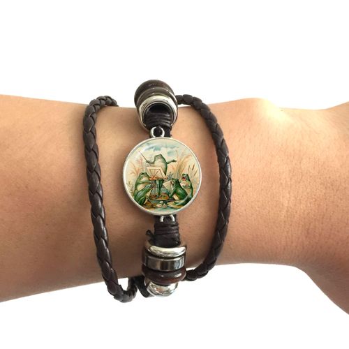 Bracelet En Cuir Noir Grenouille, 20mm, Cabochon En Verre, Le Roi Grenouille, Réglable, Bijoux Cadeaux Pour Femmes Et Hommes Amoureux, Nouvelle Collection