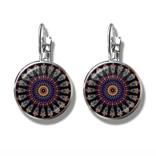 Boucles D'oreilles Amulette De Yoga Au Henné Pour Dames, Bijoux De Charme, Cabochon En Verre, Mandala, Symboles Bohèmes, Boucles D'oreilles À Crochet Français Pour Dames, 16mm