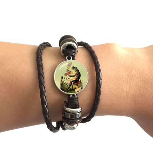 Bracelet En Cuir Noir Grenouille, 20mm, Cabochon En Verre, Le Roi Grenouille, Réglable, Bijoux Cadeaux Pour Femmes Et Hommes Amoureux, Nouvelle Collection