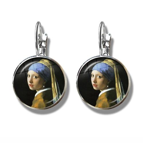 Boucles D'oreilles Cabochon En Verre Pour Femme, Breloque Fille Portant Une Perle, Peinture À L'huile D'art, Bijoux Pour Filles, Cadeau, Johannes Vermeer, 16mm