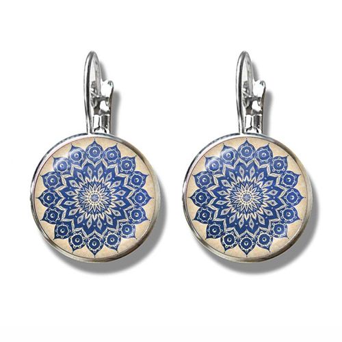 Boucles D'oreilles Amulette De Yoga Au Henné Pour Dames, Bijoux De Charme, Cabochon En Verre, Mandala, Symboles Bohèmes, Boucles D'oreilles À Crochet Français Pour Dames, 16mm