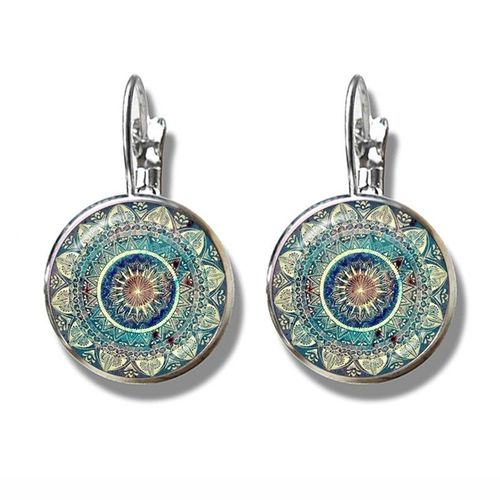 Boucles D'oreilles Amulette De Yoga Au Henné Pour Dames, Bijoux De Charme, Cabochon En Verre, Mandala, Symboles Bohèmes, Boucles D'oreilles À Crochet Français Pour Dames, 16mm