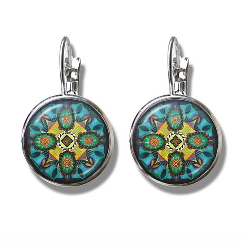 Boucles D'oreilles Amulette De Yoga Au Henné Pour Dames, Bijoux De Charme, Cabochon En Verre, Mandala, Symboles Bohèmes, Boucles D'oreilles À Crochet Français Pour Dames, 16mm