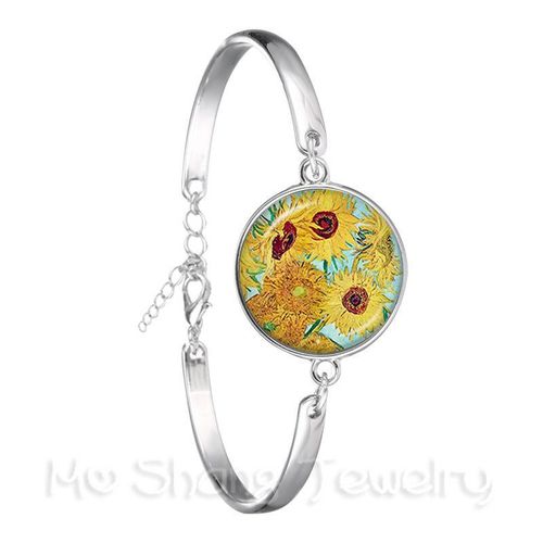 Bracelet Nuit Étoilée Van Gogh Art Picture Pour Femme, Cabochon En Verre, Plaqué Argent, Bracelet Jonc, Bijoux De Mode, Cadeau, 18mm