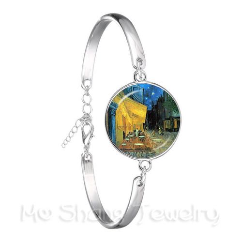 Bracelet Nuit Étoilée Van Gogh Art Picture Pour Femme, Cabochon En Verre, Plaqué Argent, Bracelet Jonc, Bijoux De Mode, Cadeau, 18mm