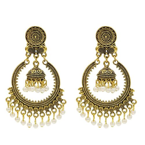 Jhumka ¿ Boucles D'oreilles Pendantes En Alliage Doré Pour Femmes, Bijoux Indiens, Vintage, Pendentifs En Forme De Cloches, Pompon En Perle, Style Bohème, Ethnique, Turc