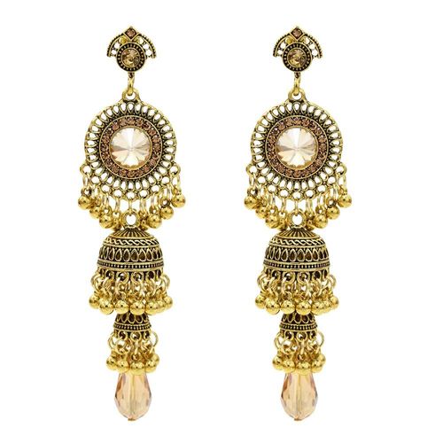 Jhumka ¿ Boucles D'oreilles Pendantes En Alliage Doré Pour Femmes, Bijoux Indiens, Vintage, Pendentifs En Forme De Cloches, Pompon En Perle, Style Bohème, Ethnique, Turc