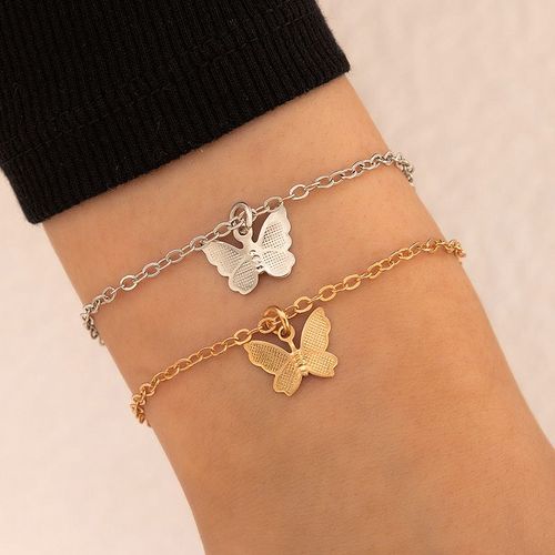 Bracelet Chaîne Papillon En Or Et Argent Pour Femmes, 2 Pièces, Simple, Tempérament Quotidien, Accessoires En Métal, Charme, Cadeau D'amitié, Mujer