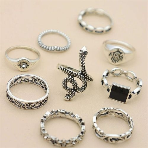 Bague Creuse En Forme De Serpent Noire, Nouvelle Mode, Anneau Carré En Alliage, Ensemble De 9 Pièces Pour Femme