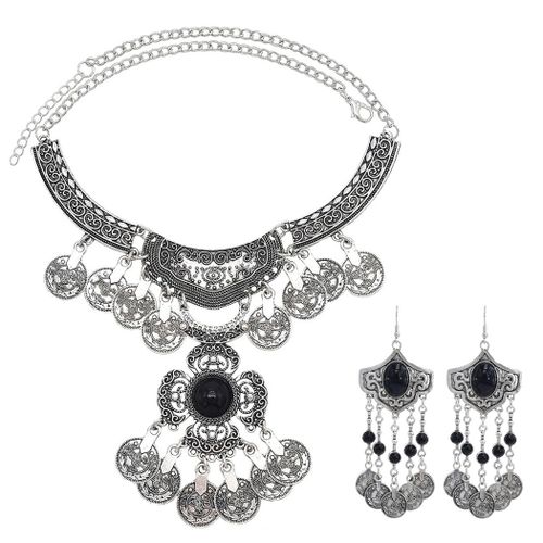 Ensemble De Bijoux Pour Femmes, Collier Et Boucles D'oreilles, En Acrylique, Turquoise, Noir Et Bleu, Vintage, Gitane, Ethnique, Oman, Turc, Pakistan, Indien