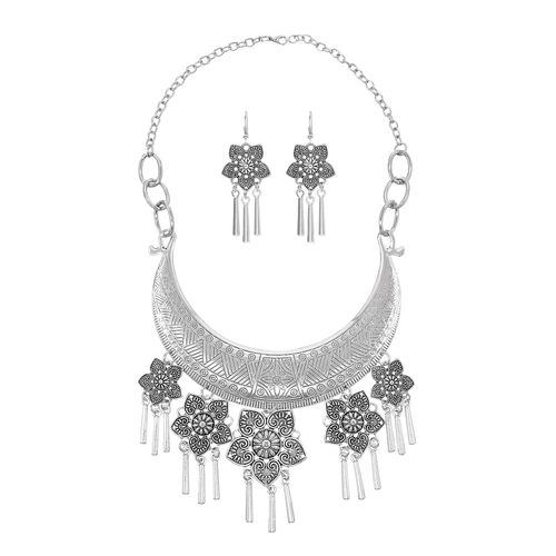 Collier Pendentif Fleur Rose Sculptée Creuse En Métal Argenté Pour Femme, Boucles D'oreilles Vintage, Ensembles De Bijoux Classiques Rétro Européens Et Jeunesse