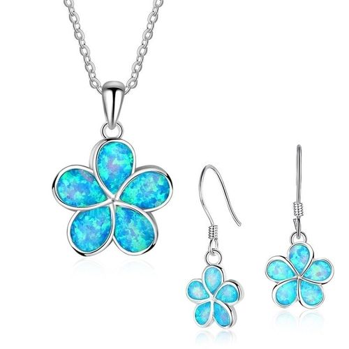 Collier En Opale De Feu Pour Femmes, Imitation Fleur Bleue, Boucles D'oreilles Pour Accessoires, Ensemble De Bijoux À La Mode, Cadeau Pour Amoureux