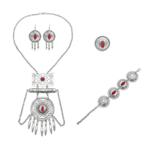 Ensembles De Bijoux En Pierre Acrylique Pour Femmes, Collier Turc Traditionnel, Boucles D'oreilles, Bracelet, Bague, Vintage, Argent, Rouge, Bleu, Kazakhstan
