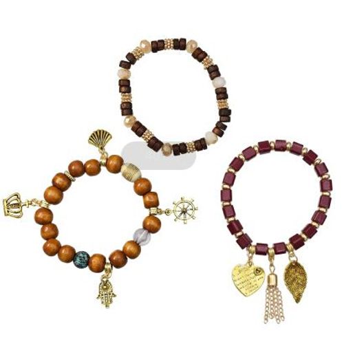 Bracelet Couronne Feuille Pour Femmes, Breloques En Bois, Résine Perlée, Bras Tressé, Bijoux De Luxe Bohème, Cadeau Pour Hommes, 3, Pièces/Ensemble