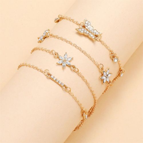Bracelet Femme Bijoux Femme Bracelet Géométrique En Or Pour Femmes, 4 Pièces, Accessoires Féminins, À La Mode, Papillon, Fleur, Diamant
