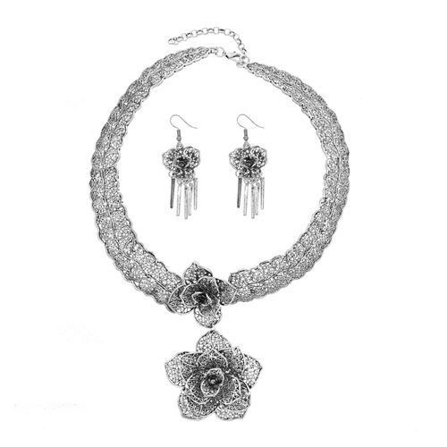 Collier Pendentif Fleur Rose Sculptée Creuse En Métal Argenté Pour Femme, Boucles D'oreilles Vintage, Ensembles De Bijoux Classiques Rétro Européens Et Jeunesse