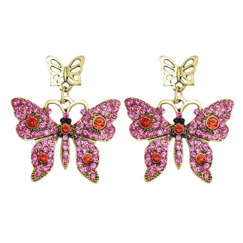 Boucles D'oreilles Papillon En Strass Pour Femmes, Bijoux En Métal Doré, Creux, Double Papillon, À La Mode, Blanc, Rose