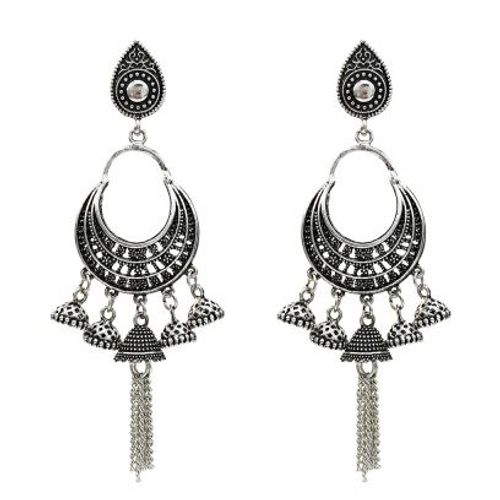 Boucles D'oreilles Jhumka Indiennes Vintage Pour Femmes, Métal Argenté Noir, Long Pompon, Pendentif Cloche, Boucles D'oreilles Pendantes, Bijoux Ethniques Afghans