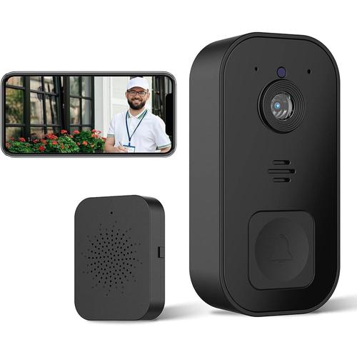 Sonnette vidéo sans fil WiFi avec caméra, Sonnette vidéo Intelligente 2,4 GHz WiFi HD 720P, avec puce Cloud Mémoire, Audio Bidirectionnel, Application à distance Vue en temps réel (Noir)