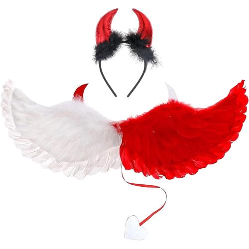 Ailes d'Halloween, rouge et blanc, 60 cm, ailes d'ange avec corne, serre-tête, costume d'ange pour femme, costume d'ange foncé pour carnaval, fête, enfants, adultes