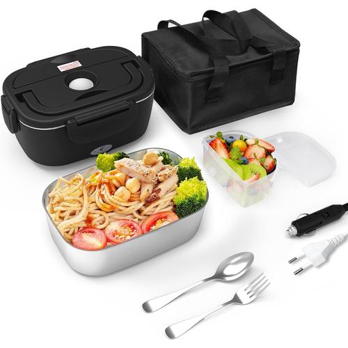 Gamelle Chauffante Rapide 80w, Lunch Box Chauffante 220v 24v 12v Boîte Repas Amovible Acier Inoxydable 1,5l Avec Sac Isotherme, Hermétique Pour Voiture, Camion, Bureau, Camping Noir