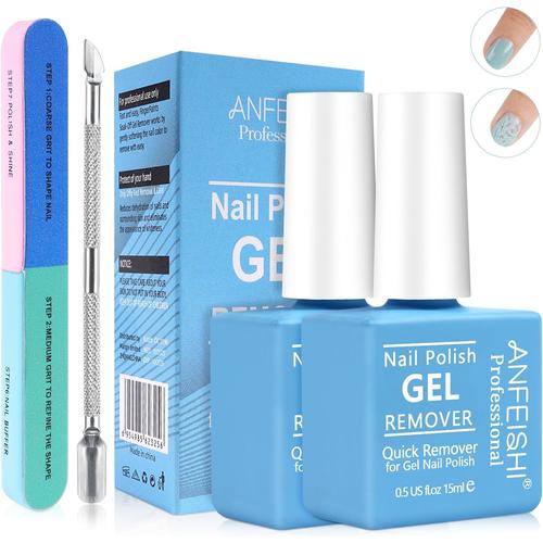 Dissolvant Vernis Semi Permanent Rapide, 2 Pcs Remover Vernis Semi Permanent Professionnel avec Lime a Ongles & Pousse Cuticule, ne Blesse Pas les Ongles, Blue Bottle