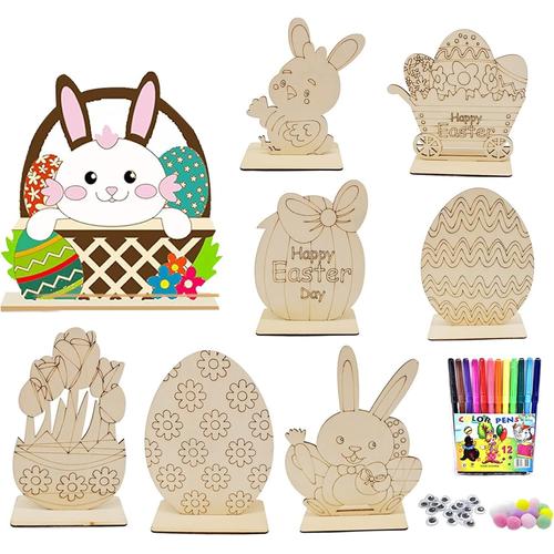 Lot de 8 lapins en bois à peindre, décoration de lapin de Pâques, bricolage pour enfants, bricolage de décoration de lapin de Pâques avec mini pompons colorés, yeux roulés, 12 crayons de couleur