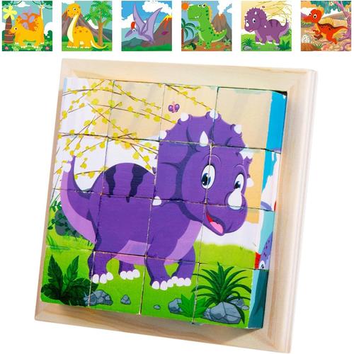 Cube D'images En Bois 3d - Puzzle De Dinosaures 6 En 1 Avec 16 Dés - Puzzle En Bois Montessori - Jouet Pour Enfants À Partir De 1, 2, 3, 4 Ans