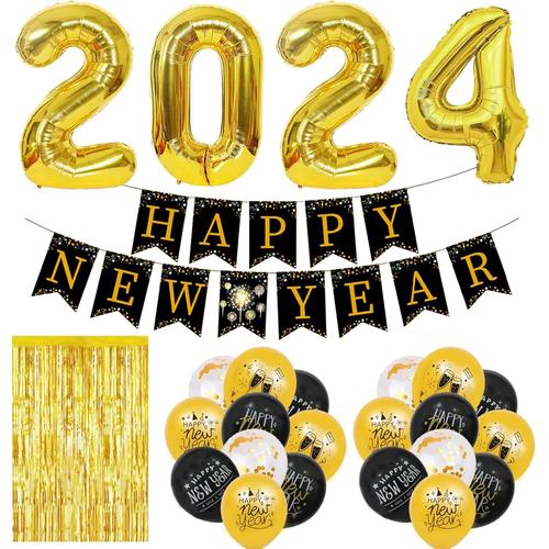 Décoration du Nouvel An 2024, 26 pièces de décoration du Nouvel An, guirlande Happy New Year, ballons en plastique, rideau de guirlandes, serre-tête Happy New Year, décoration du Nouvel An