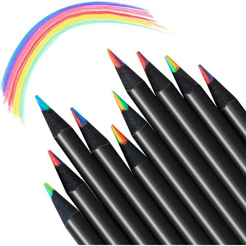 Crayons De Couleur 7 En 1 Crayons Arc-En-Ciel Fournitures Cadeaux Bois Noir Pour Art Coloration Dessin Croquis Adultes Enfants Bureau Ecole Maison Peindre 10 Pièces