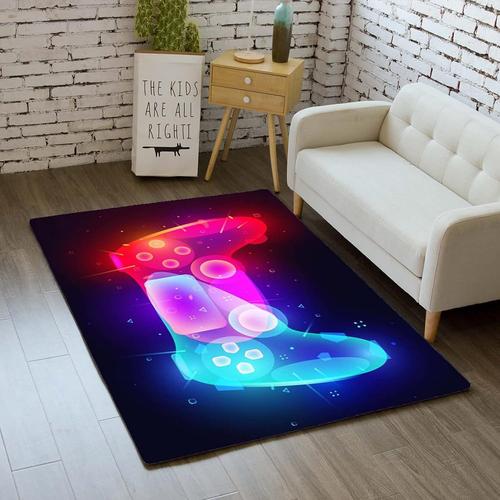 Tapis Chambre Moderne Gamer 3d Manette Ado Enfant Garcon Tapis De Salon Antiderapant Graffiti Console De Jeu Décoration Tapis Noir Purple Rose Flanelle Doux Carpets (Couleur 1,120x160 Cm)