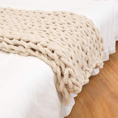 Plaid Tricot Grosse Maille Laine Couverture De Canapé En Laine Grossière Tissée À La Main 100x150,Beige