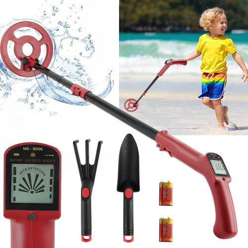 Detecteur De Metaux Rouge, Détecteur De Métaux Enfant avec Batterie, Pelle, Râteau, Detecteur Metaux Enfant pour Jardin, Plage, Sauvage