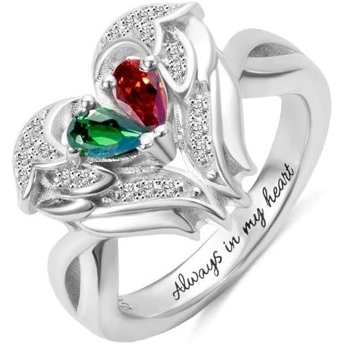 Bague En Argent Sterling 925 Avec Ailes D'ange Et Deux Pierres De Naissance Personnalisées - Gravure Personnalisable - Cadeau Pour Femme