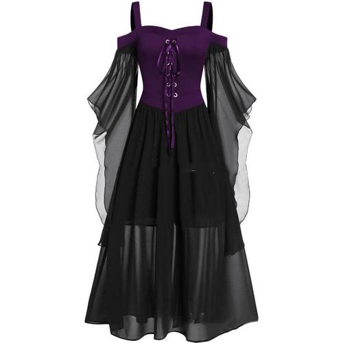 Robe Vintage Déguisement Gothique Grande Taille Robe,Grande Taille Médiévale Déguisement Adulte Rétro Maxi Robe Manches Évasées Cosplay Halloween Carnaval Drame