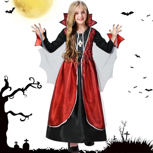 Déguisement Vampire Fille, Costume de Vampire pour Enfant, Halloween Vampire Costume for Girls, Costume Comtesse Gothique pour Jeu de Rôle, D'un Cosplay de Carnaval Tailles L, XL