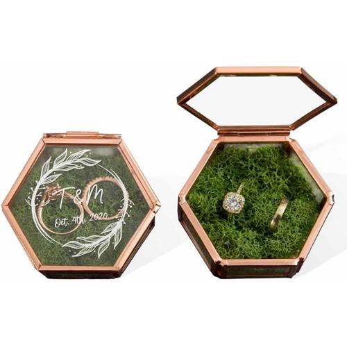 Boîte à bagues hexagonale en verre avec bords en bronze imitation mousse et surface personnalisée ¿ Rangement élégant pour bijoux pour fiançailles/alliances