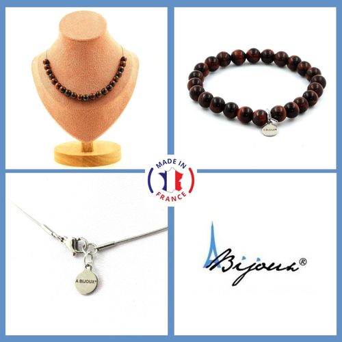 Parure Bijoux Bracelet Collier 20 Perles Oeil De Tigre Rouge 8 Mm. Taille Personnalisable.