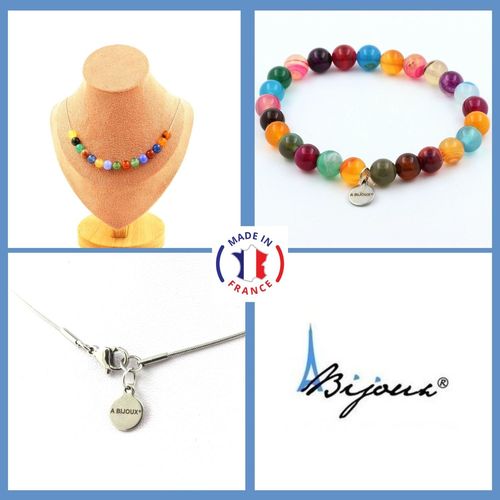 Parure Bijoux Bracelet Collier 15 Perles Agate Multicolore 8 Mm. Taille Personnalisable.